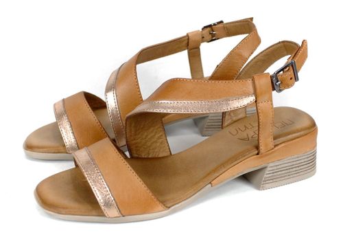 sandale damă Solena Flow piele naturală moka auriu toc jos