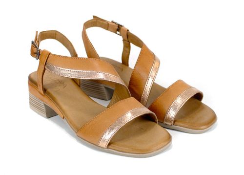 sandale damă Solena Flow piele naturală moka auriu toc jos