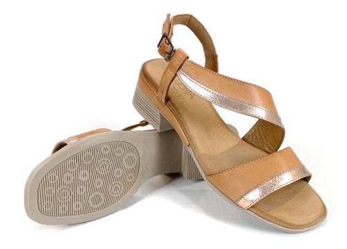 sandale damă Solena Flow piele naturală moka auriu toc jos