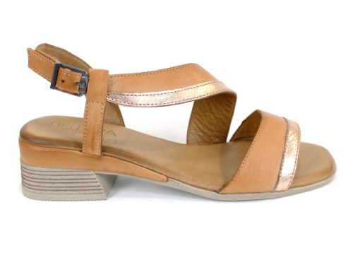 sandale damă Solena Flow piele naturală moka auriu toc jos