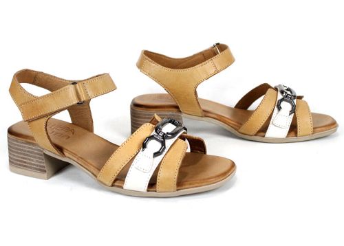 Terra Charm – Sandale damă din piele naturală cu toc mediu | culoare biscuiți și crem