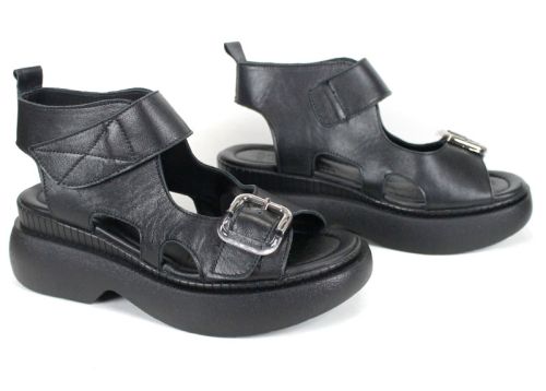 Sandale damă VISTA din piele naturală, negre cu accent platinat și platformă