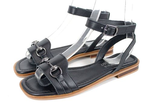 sandale dama negre din piele naturală Dalia Chiara cu accesoriu metalic