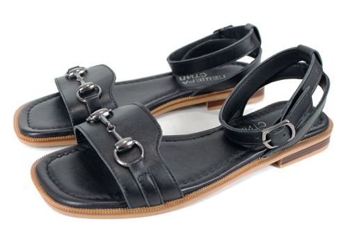 sandale dama negre din piele naturală Dalia Chiara cu accesoriu metalic