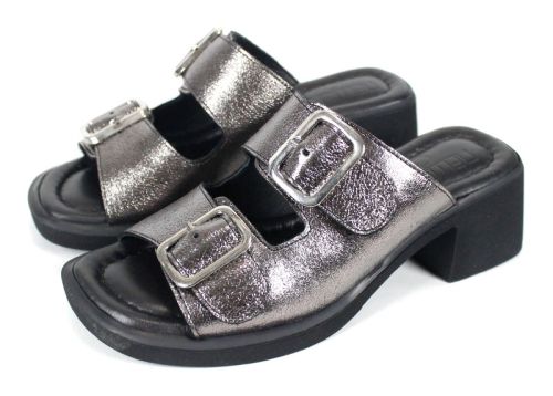 Saboți damă Brilla Doppia din piele naturală culoare platină cu toc