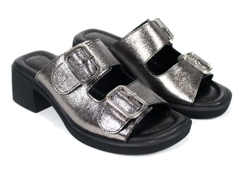 Saboți damă Brilla Doppia din piele naturală culoare platină cu toc