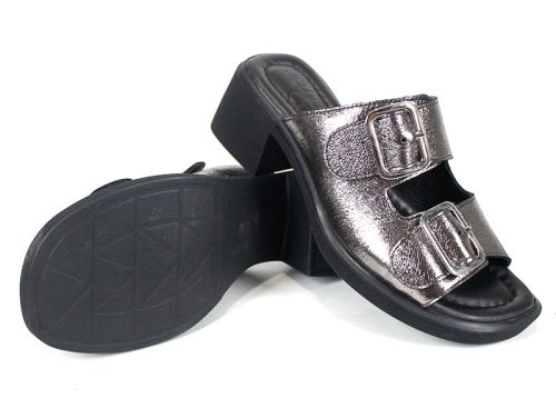 Saboți damă Brilla Doppia din piele naturală culoare platină cu toc