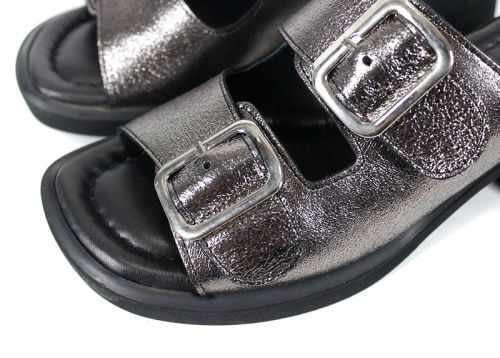 Saboți damă Brilla Doppia din piele naturală culoare platină cu toc