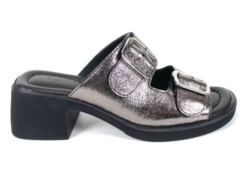 Saboți damă Brilla Doppia din piele naturală culoare platină cu toc