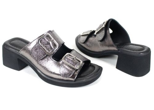 Saboți damă Brilla Doppia din piele naturală culoare platină cu toc