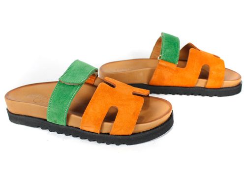 papuci damă Vita Colore din piele întoarsă portocalie și verde, cu talpă neagră și închidere reglabilă cu velcro