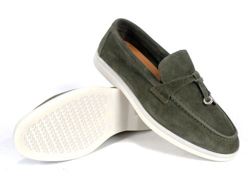 Mistica – mocasini damă din piele întoarsă kaki cu talpă flexibilă și branț din piele naturală