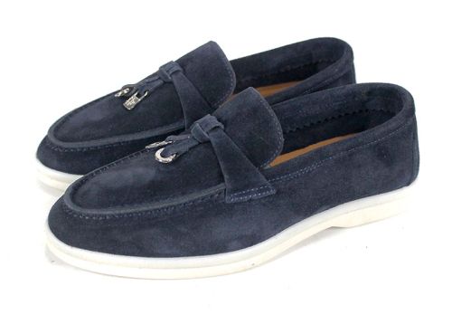 Mistica – mocasini damă din piele întoarsă bleumarin cu talpă albă și branț din piele naturală