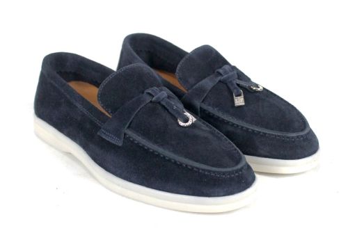 Mistica – mocasini damă din piele întoarsă bleumarin cu talpă albă și branț din piele naturală