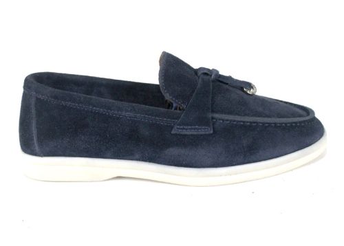 Mistica – mocasini damă din piele întoarsă bleumarin cu talpă albă și branț din piele naturală