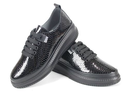 Pantofi damă casual Lusso Nero – lac negru cu imprimeu de șarpe, branț anatomic cu spumă memory