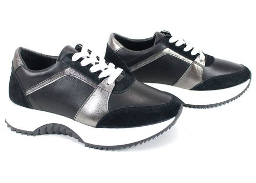 Pantofi sport damă din piele naturală și velur negri cu detalii platină