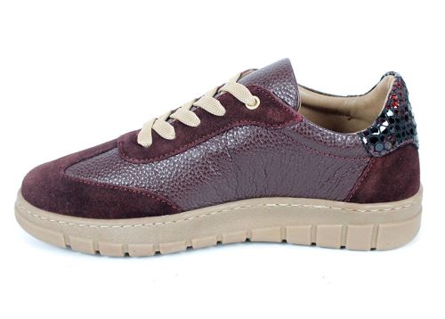 Pantofi sport damă Retria din piele bordo și velur cu detaliu snake și șireturi bej