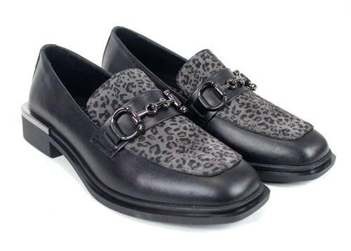 Pantofi damă Felina din piele neagră și print leopard, model premium