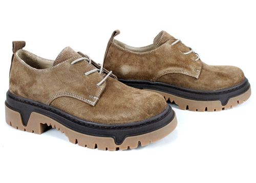 pantofi damă din velur natural culoare scorțișoară cu talpă masivă cusută bicoloră și branț din piele naturală