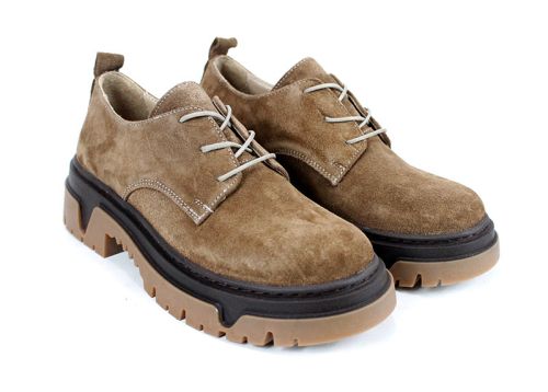 pantofi damă din velur natural culoare scorțișoară cu talpă masivă cusută bicoloră și branț din piele naturală
