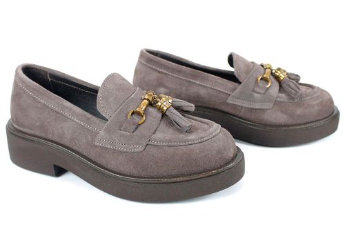 loafers damă Doux Éclat din velur natural vizon, cu decorațiune aurie și talpă ușoară