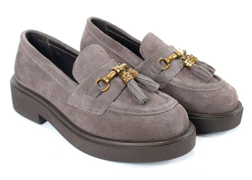 loafers damă Doux Éclat din velur natural vizon, cu decorațiune aurie și talpă ușoară