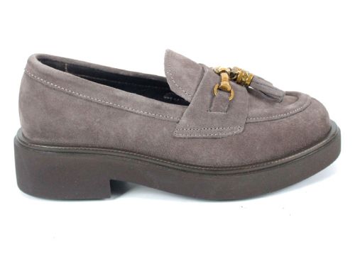 loafers damă Doux Éclat din velur natural vizon, cu decorațiune aurie și talpă ușoară