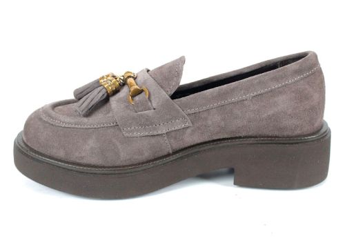 loafers damă Doux Éclat din velur natural vizon, cu decorațiune aurie și talpă ușoară