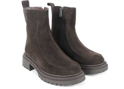 Botine damă Luce Velluto din piele naturală întoarsă maro închis, cu interior din pluș și talpă groasă de iarnă – eleganță și confort modern.