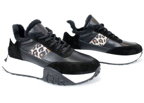 Pantofi sport damă Fiera Nero – piele naturală, iarnă, detaliu leopard