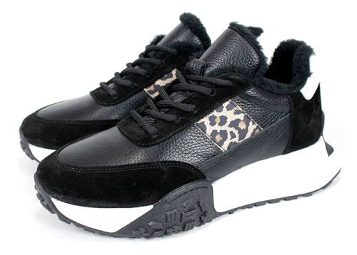 Pantofi sport damă Fiera Nero – piele naturală, iarnă, detaliu leopard