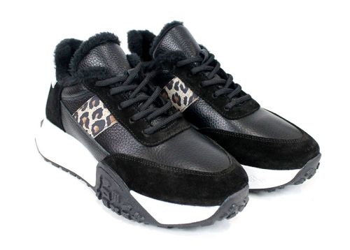 Pantofi sport damă Fiera Nero – piele naturală, iarnă, detaliu leopard