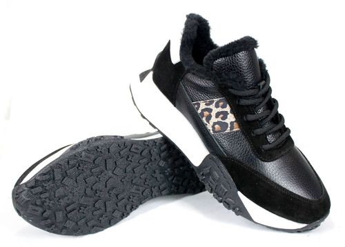 Pantofi sport damă Fiera Nero – piele naturală, iarnă, detaliu leopard