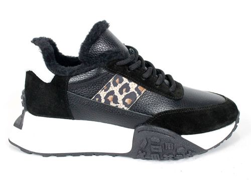 Pantofi sport damă Fiera Nero – piele naturală, iarnă, detaliu leopard