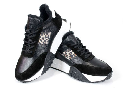 Pantofi sport damă Fiera Nero – piele naturală, iarnă, detaliu leopard