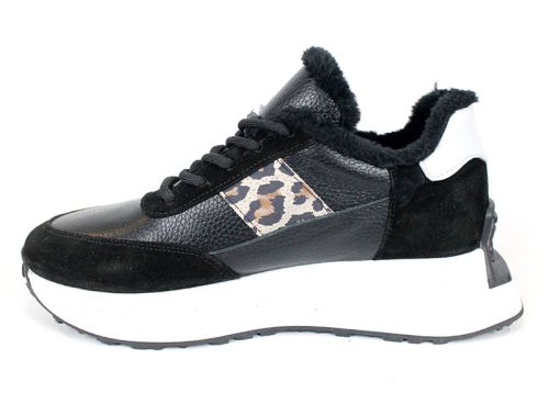 Pantofi sport damă Fiera Nero – piele naturală, iarnă, detaliu leopard