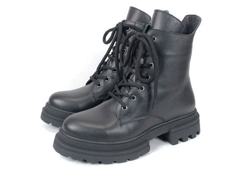 Ghete damă Fiera – piele naturală, negre, cu șireturi și fermoar