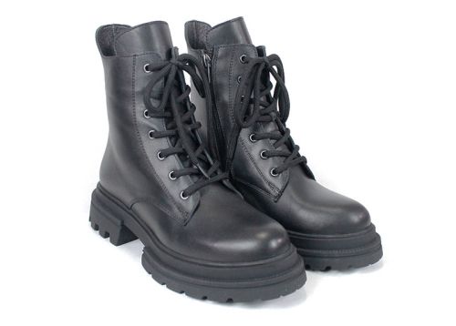 Ghete damă Fiera – piele naturală, negre, cu șireturi și fermoar