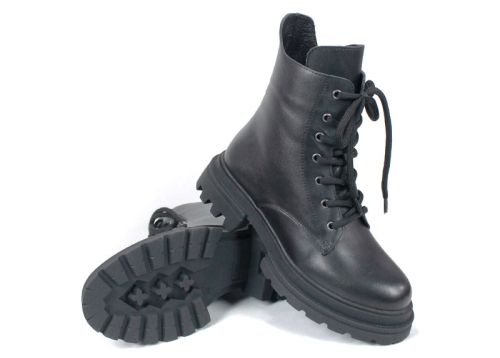 Ghete damă Fiera – piele naturală, negre, cu șireturi și fermoar