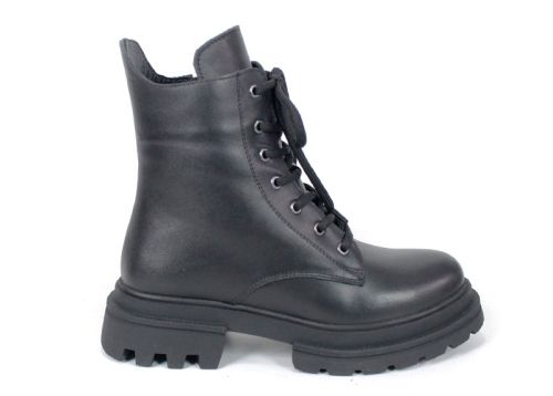 Ghete damă Fiera – piele naturală, negre, cu șireturi și fermoar