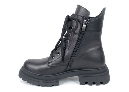 Ghete damă Fiera – piele naturală, negre, cu șireturi și fermoar