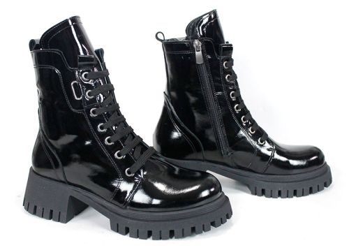 Ghete damă Luz Forte din piele naturală lacuită – negre, cu toc stabil și talpă de iarnă | Peshtera Stil