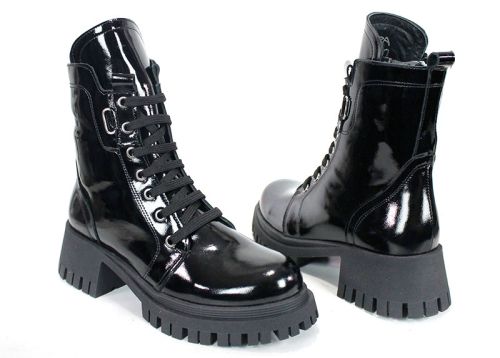 Ghete damă Luz Forte din piele naturală lacuită – negre, cu toc stabil și talpă de iarnă | Peshtera Stil