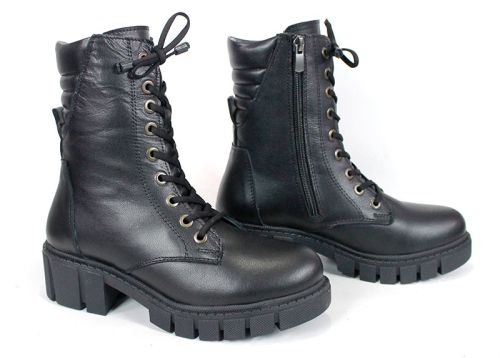 Ghete damă Linea Ombra din piele naturală – negre, cu toc mediu și blană călduroasă | Peshtera Stil