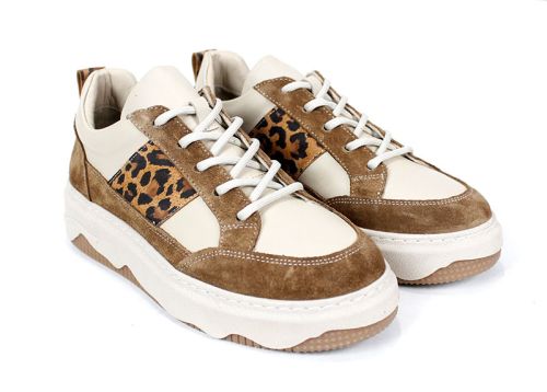 Pantofi sport damă Avileta – piele vizon și velur cu detaliu auriu, interior piele