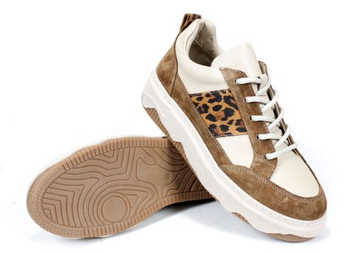 Pantofi sport damă Avileta – piele vizon și velur cu detaliu auriu, interior piele