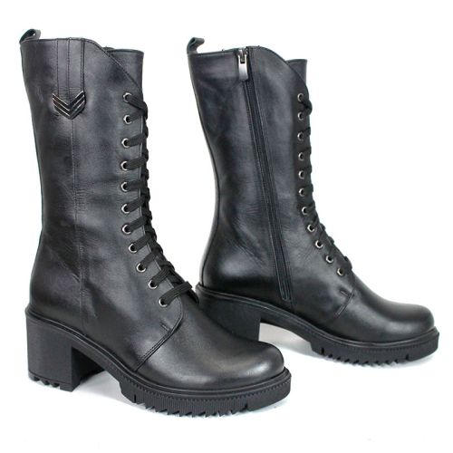 Ghete damă Valora Nera din piele naturală neagră cu șireturi și fermoar
