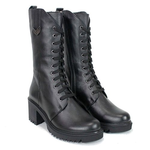 Ghete damă Valora Nera din piele naturală neagră cu șireturi și fermoar