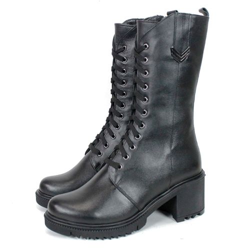 Ghete damă Valora Nera din piele naturală neagră cu șireturi și fermoar